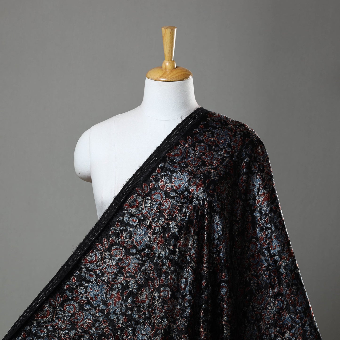 Buy Black Block Printed Velvet Natural Dyed Ajrakh Fabric