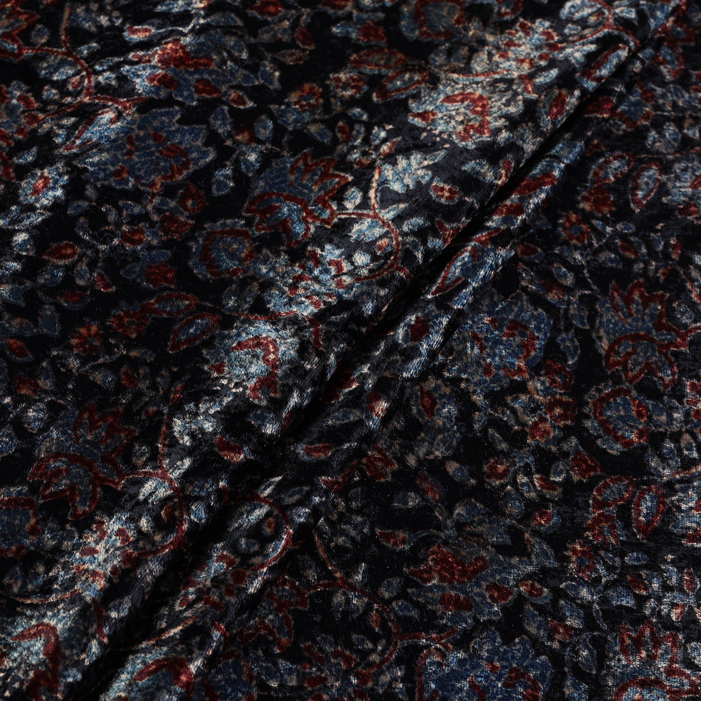 Buy Black Block Printed Velvet Natural Dyed Ajrakh Fabric