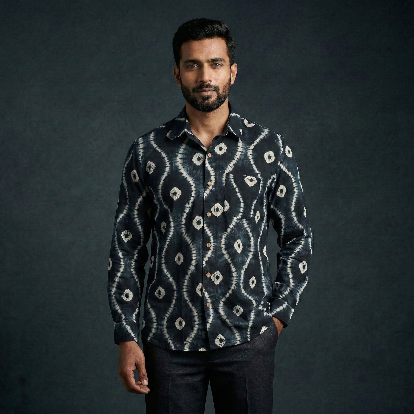 Black - pure cotton full sleeve tie-dye men shibori shirt