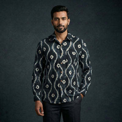 Black - pure cotton full sleeve tie-dye men shibori shirt