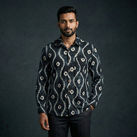 Black - pure cotton full sleeve tie-dye men shibori shirt
