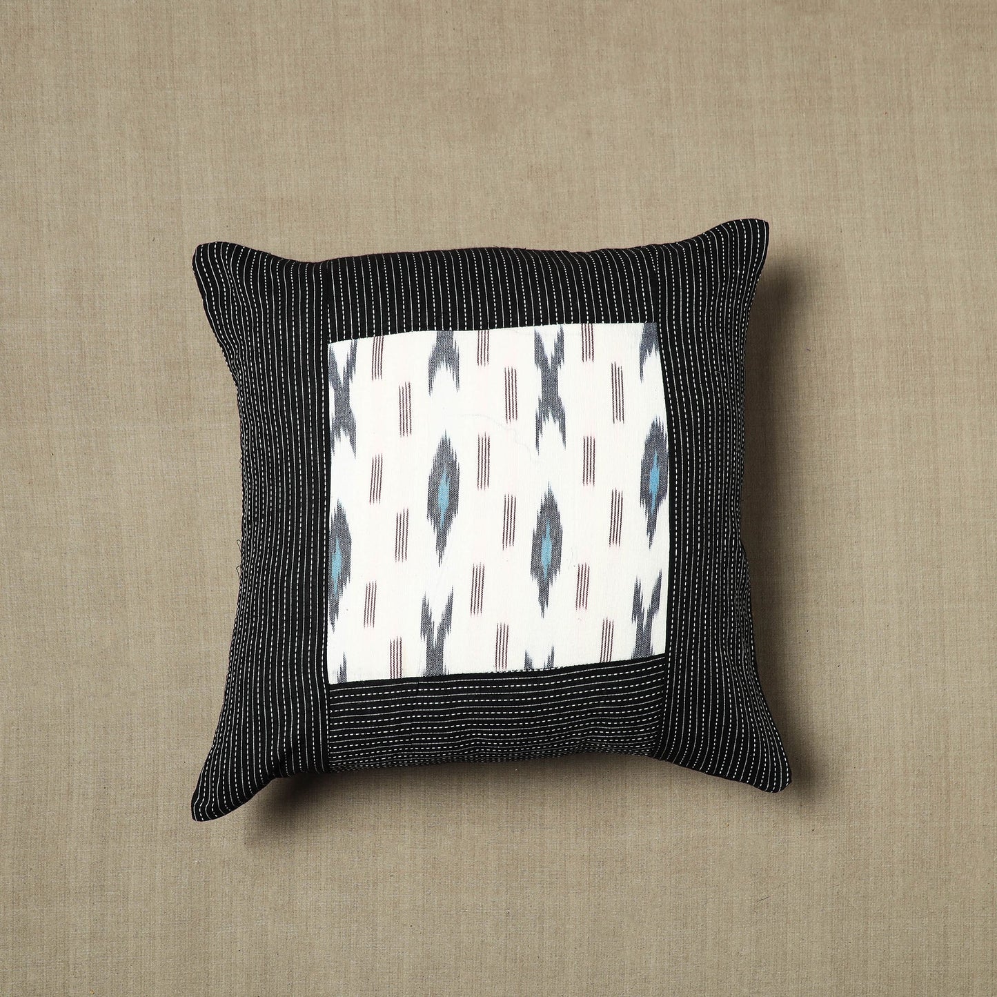 Black Kantha Stitch Ikat Cushion Cover