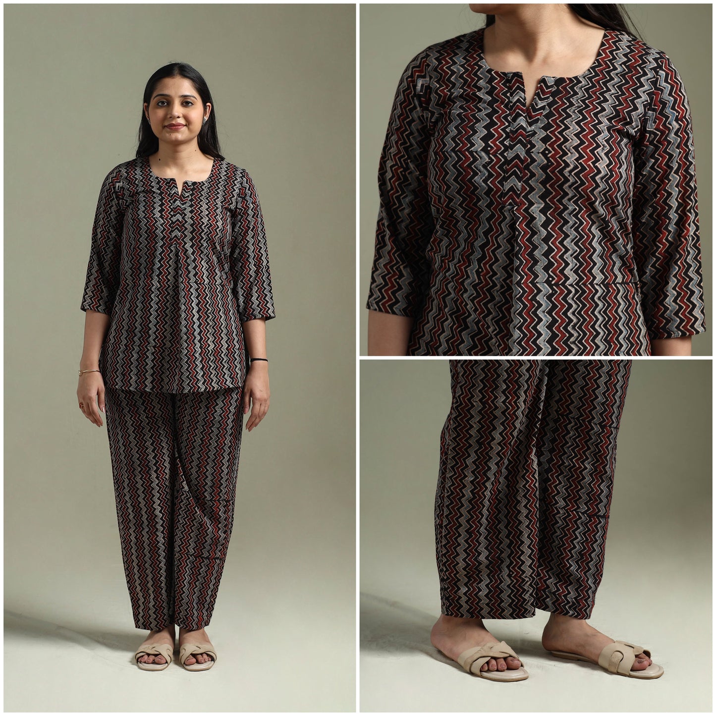 Pure cotton natural dyed ajrakh hand block print night suit