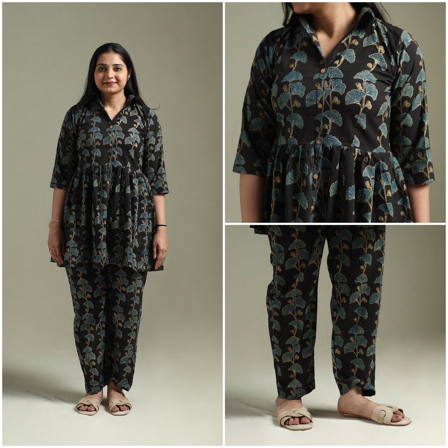 Pure cotton natural dyed ajrakh hand block print night suit