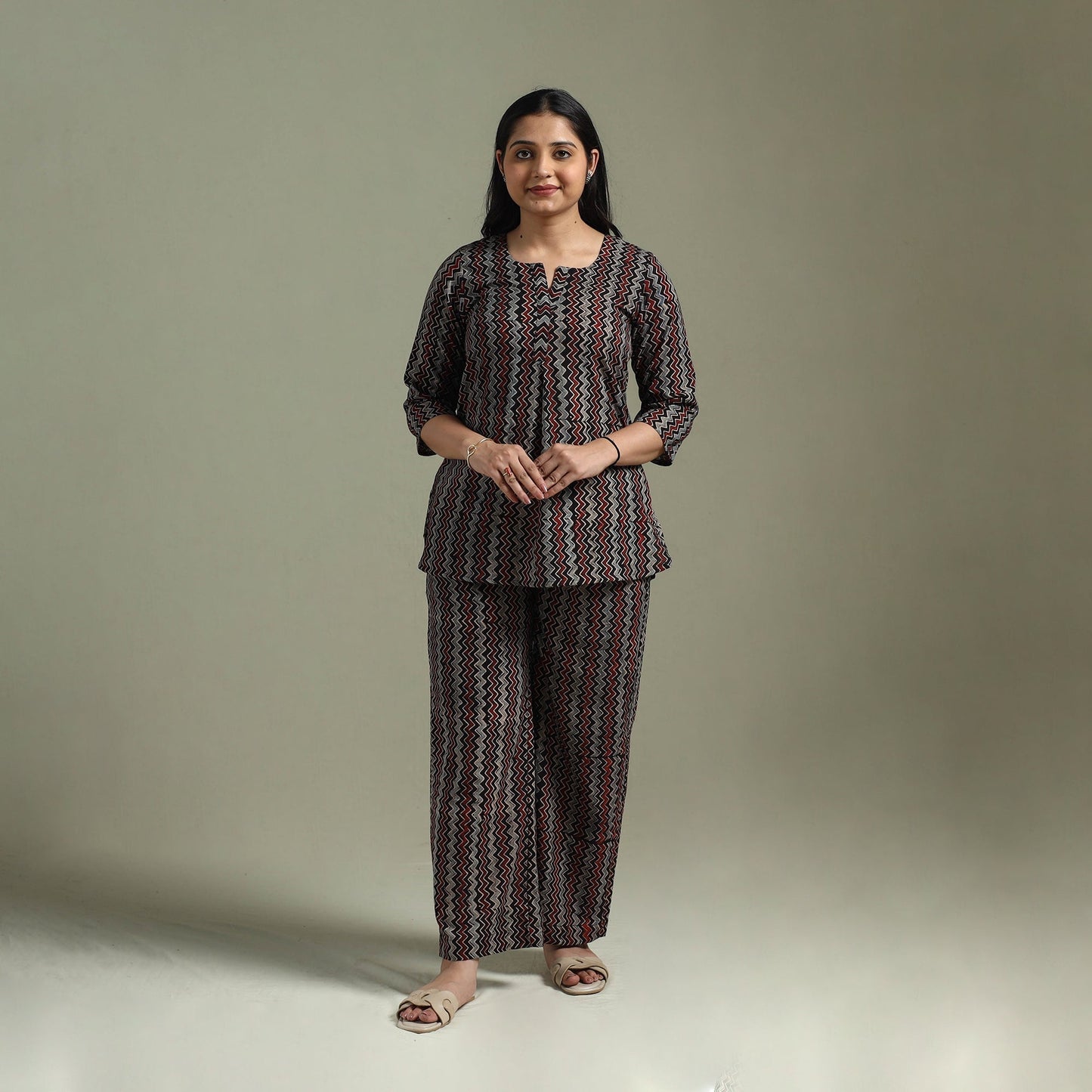 Pure cotton natural dyed ajrakh hand block print night suit