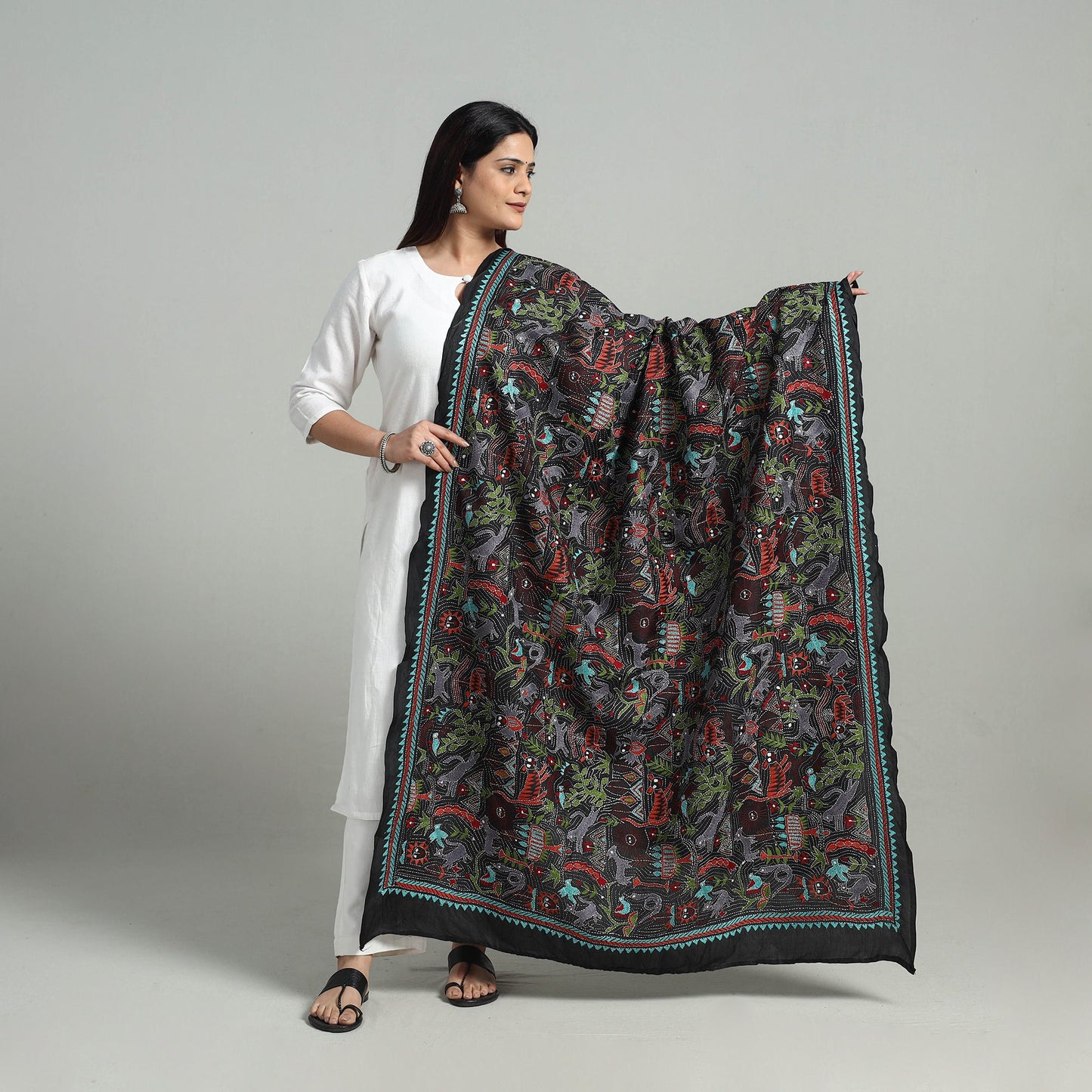  Pure Handloom Silk Bengal Kantha Work Dupatta