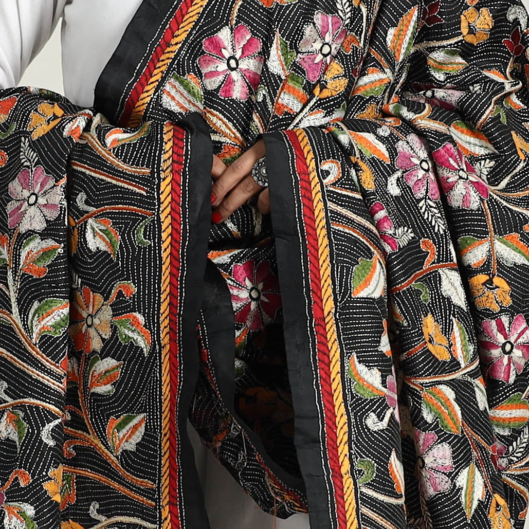 Black - pure silk bengal kantha embroidery dupatta 28