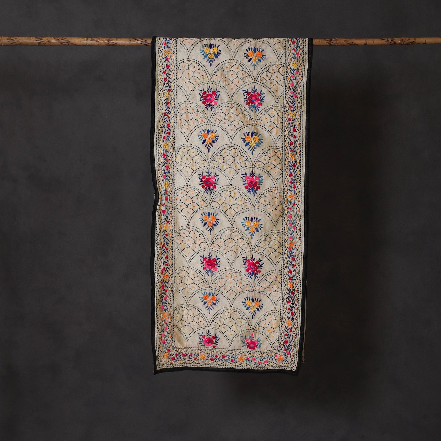 Black - ranihati chanderi silk hand embroidered stole 35