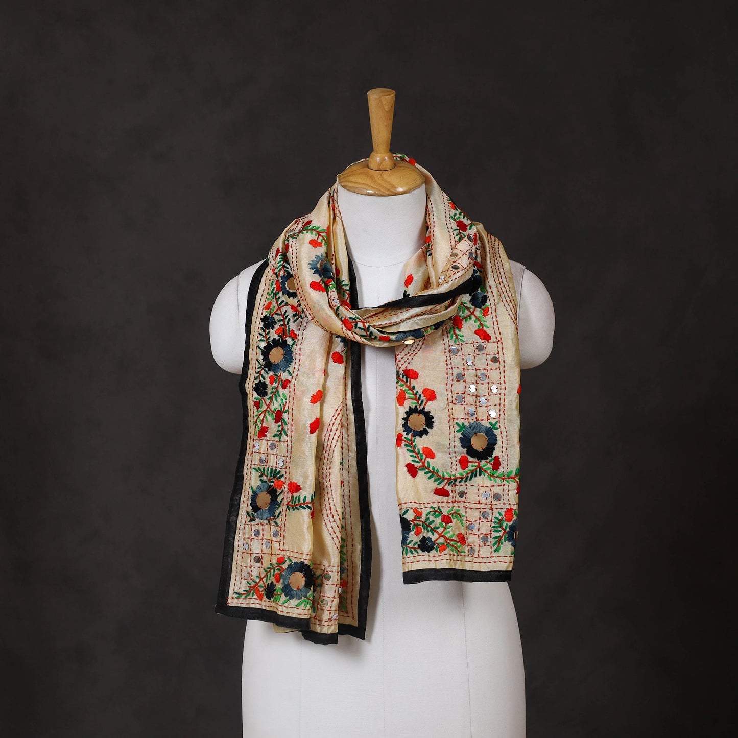 Black - ranihati chanderi silk hand embroidered stole 36