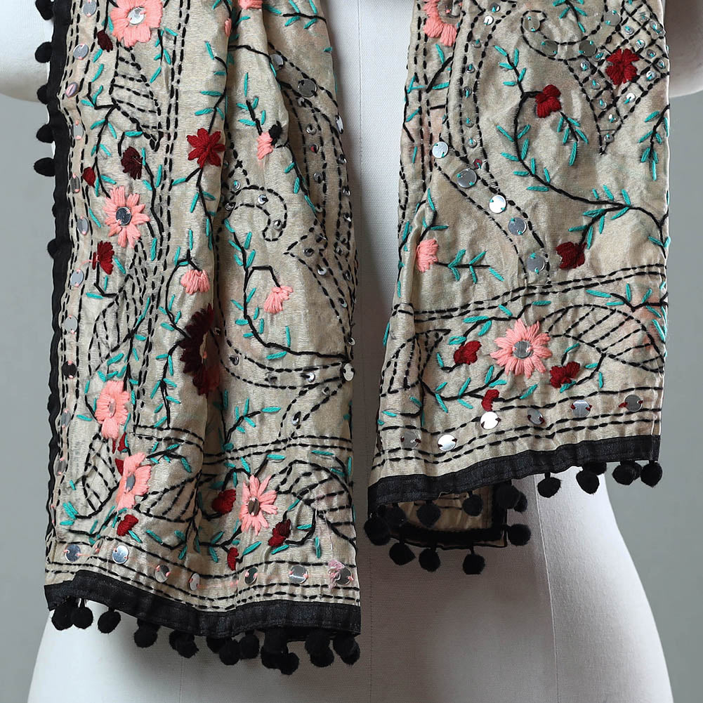 Black Ranihati Chanderi Silk Embroidered Stole