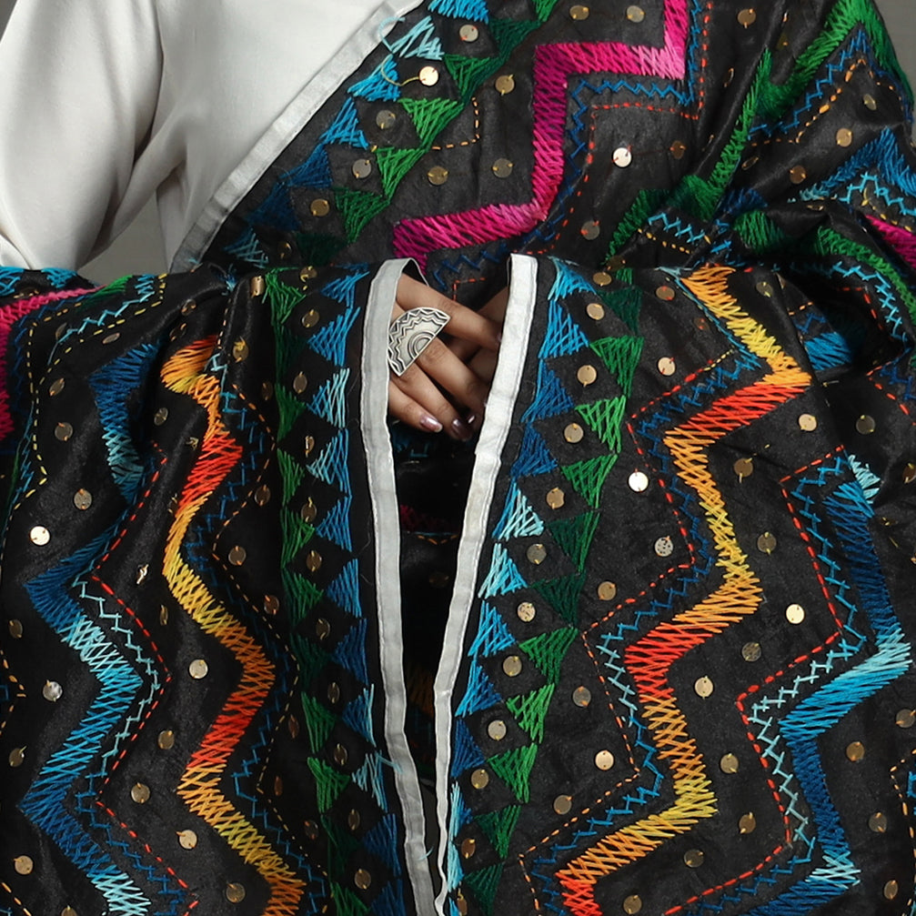 Black Ranihati Chanderi Silk Tagai Work Phulkari Embroidery Dupatta