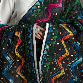 Black Ranihati Chanderi Silk Tagai Work Phulkari Embroidery Dupatta
