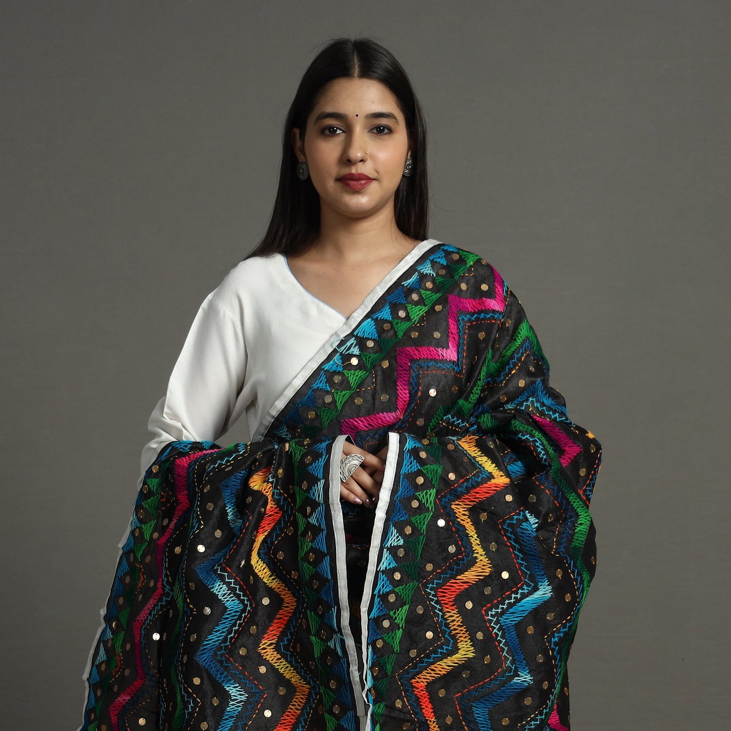 Black Ranihati Chanderi Silk Tagai Work Phulkari Embroidery Dupatta