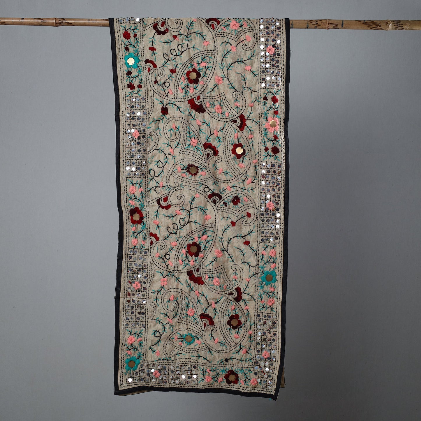 Black Ranihati Chapa Work Embroidery Chanderi Silk Stole