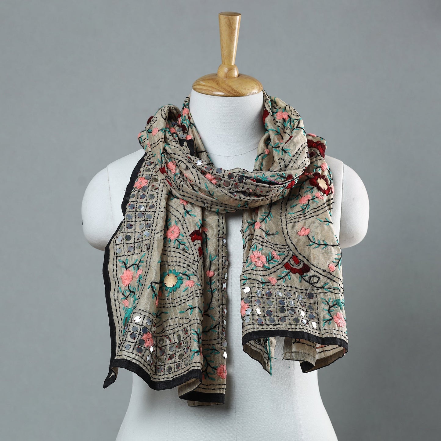 Black Ranihati Chapa Work Embroidery Chanderi Silk Stole