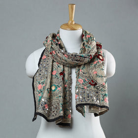 Black Ranihati Chapa Work Embroidery Chanderi Silk Stole