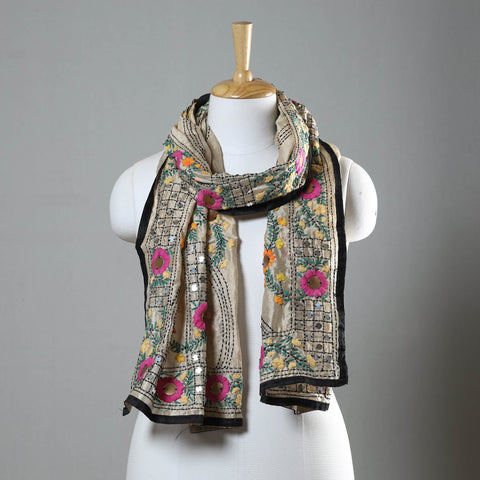 Black Ranihati Chapa Work Embroidery Chanderi Silk Stole