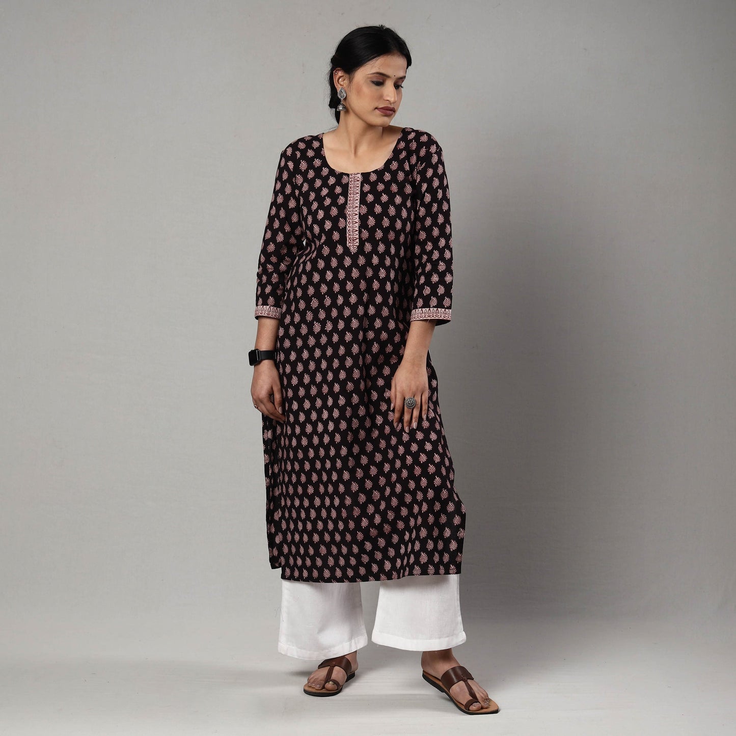 Black & red bagh printing cotton long kurta - handcrafted