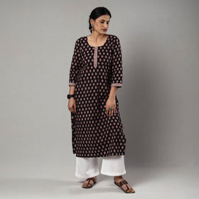Black & red bagh printing cotton long kurta - handcrafted