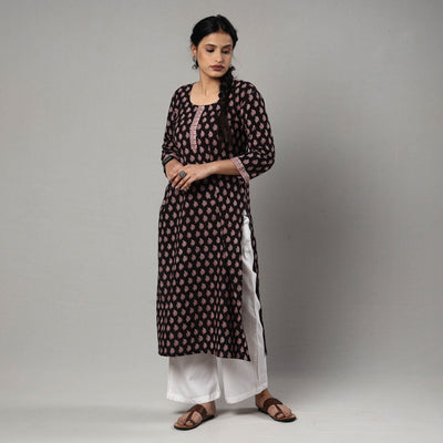 Black & red bagh printing cotton long kurta - handcrafted