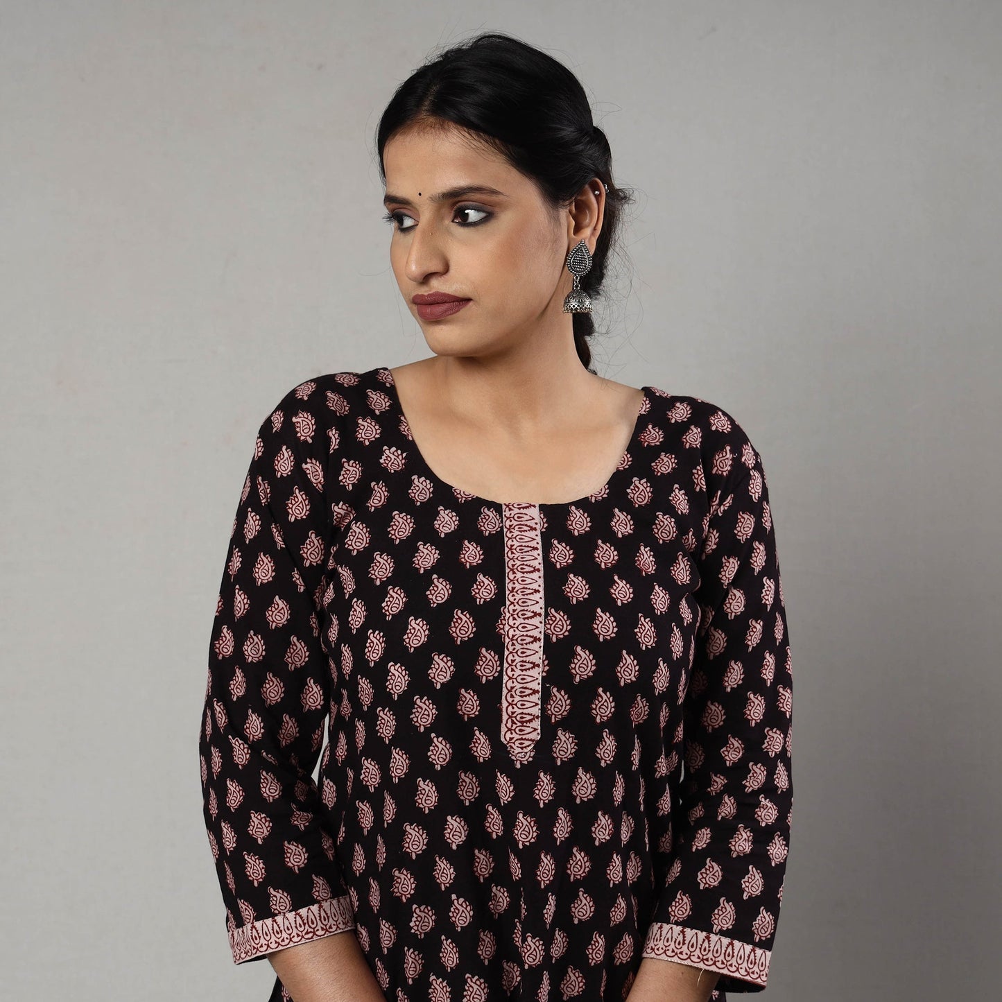 Black & red bagh printing cotton long kurta - handcrafted