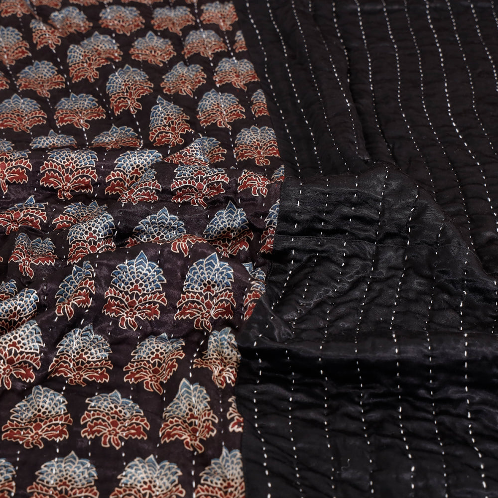  Reversible Ajrakh Patch & Tagai Work Mashru Silk Double Bed Cover / Quilt 
