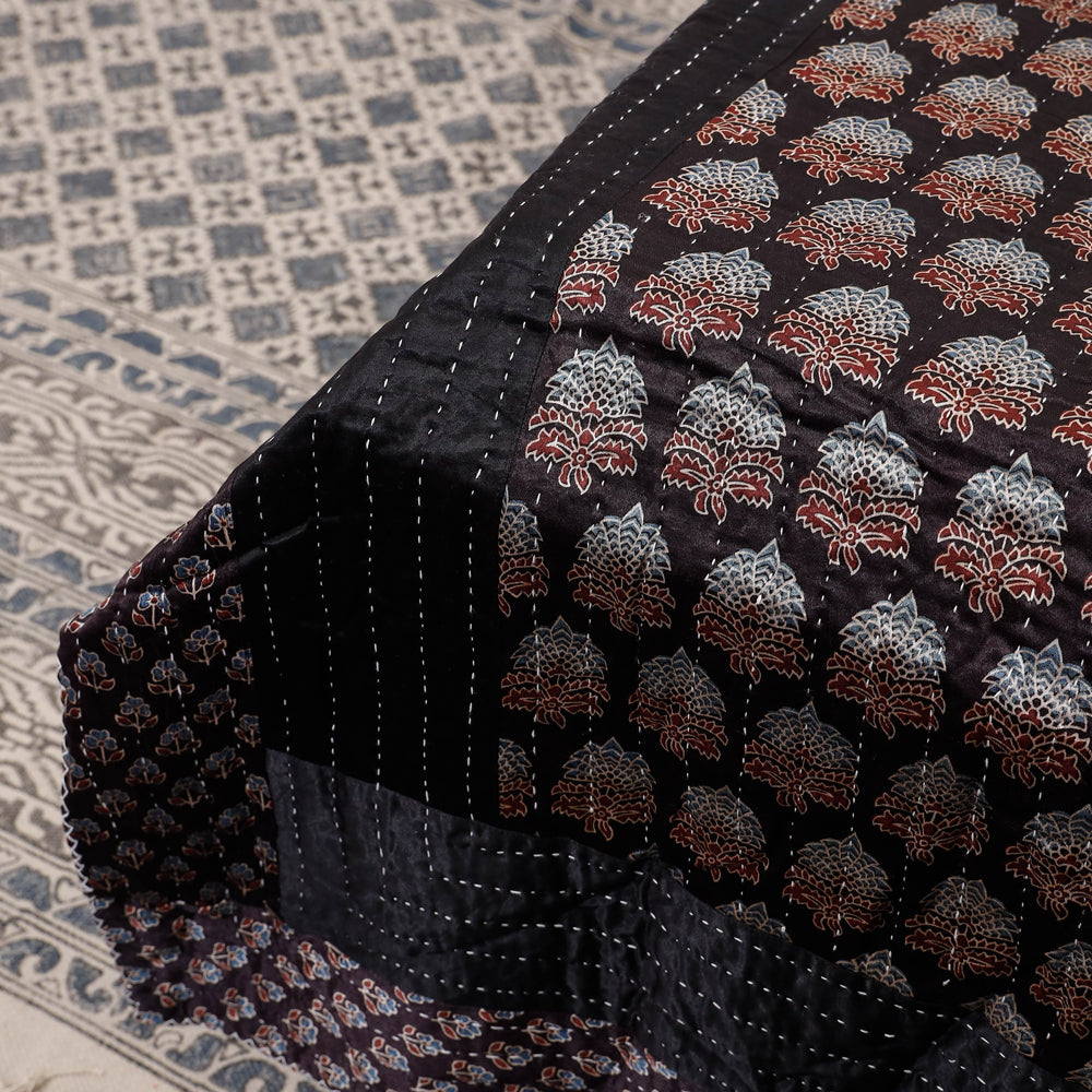  Reversible Ajrakh Patch & Tagai Work Mashru Silk Double Bed Cover / Quilt 