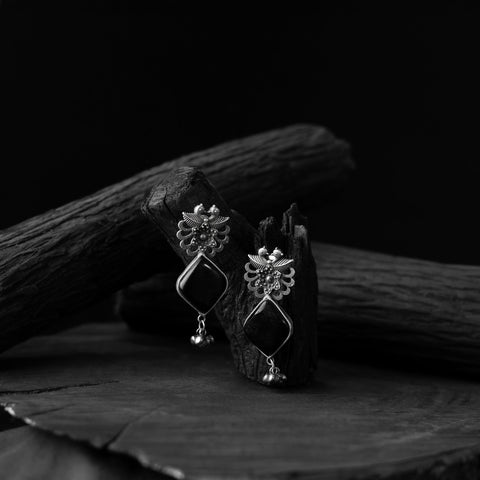 Black - saanjh bela bird-flower oxidised earrings