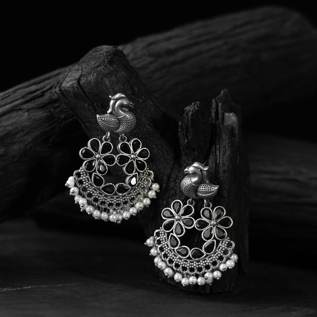 Black - saanjh bela bird oxidised earrings - handcrafted