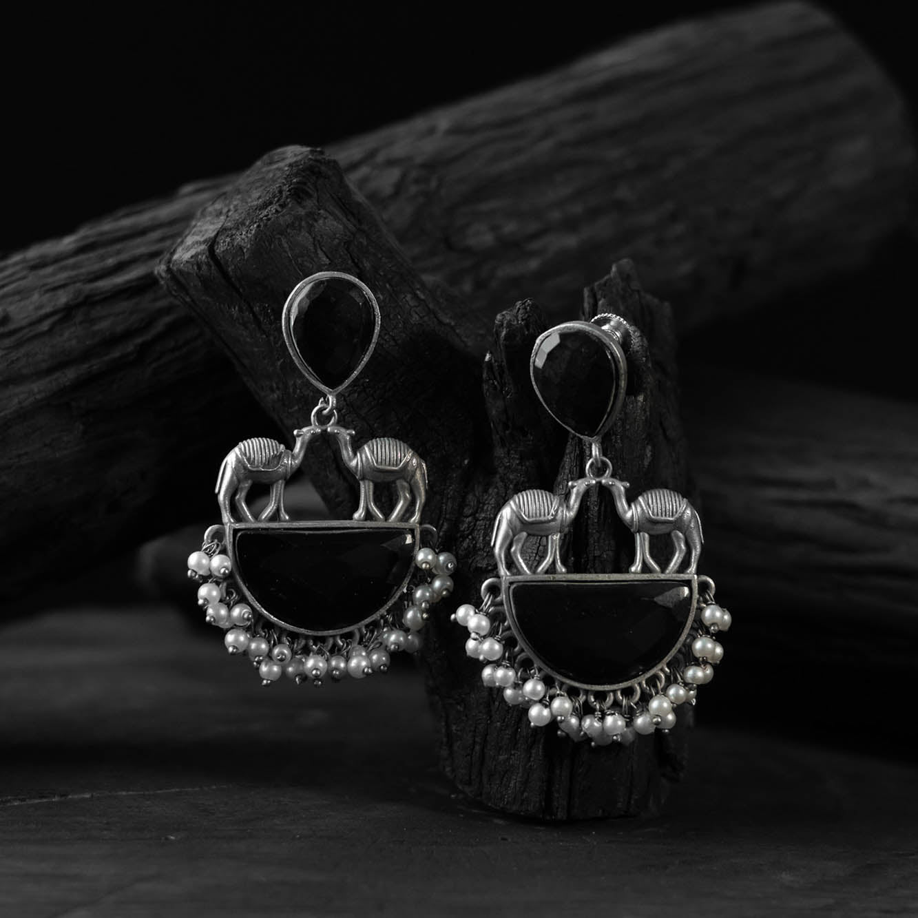 Black - saanjh bela camel oxidised earrings - handcrafted