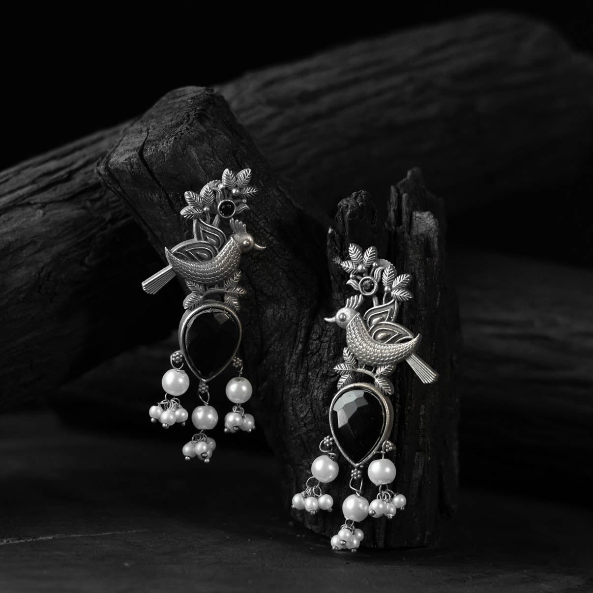 Black - saanjh bela cuckoo oxidised earrings - handcrafted