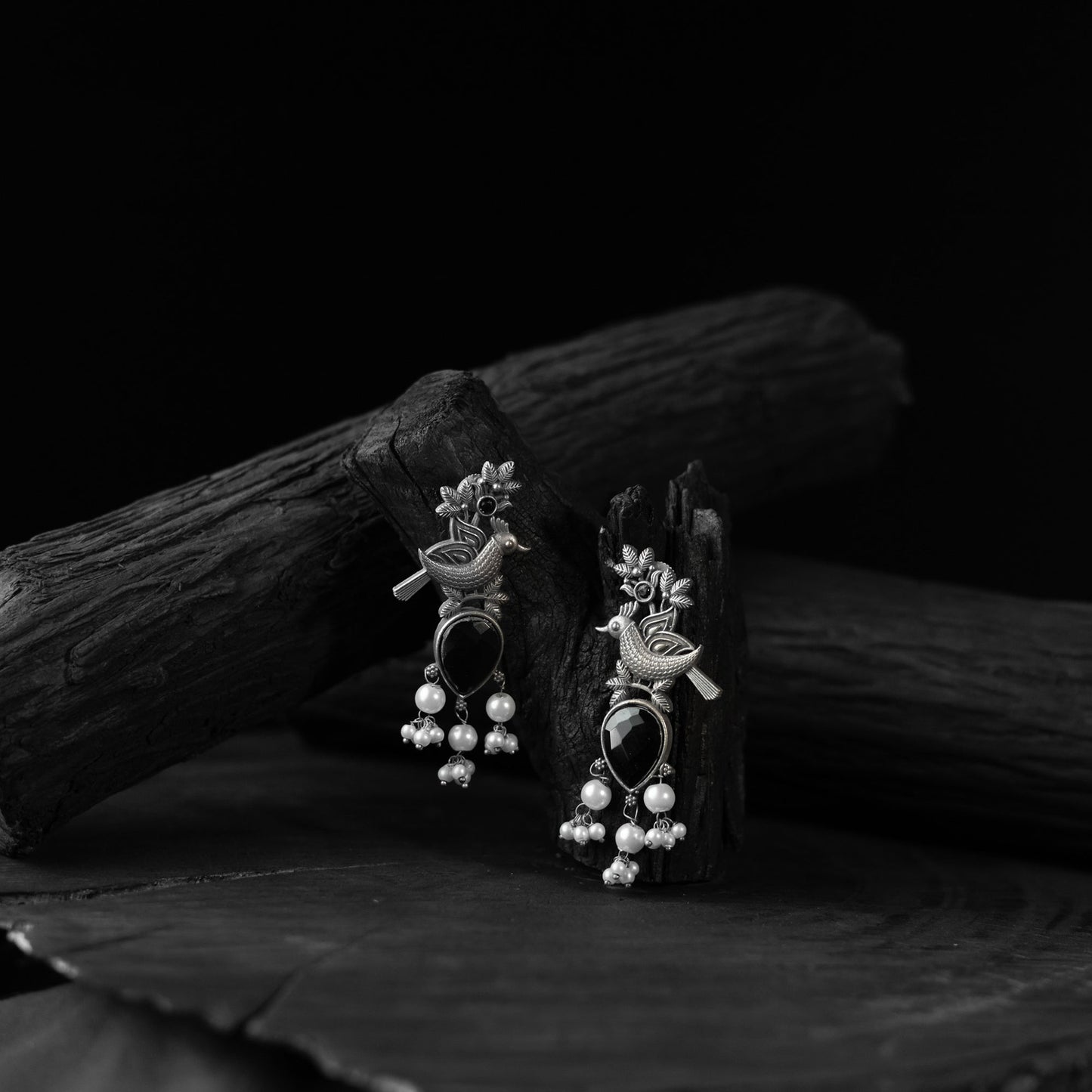 Black - saanjh bela cuckoo oxidised earrings - handcrafted