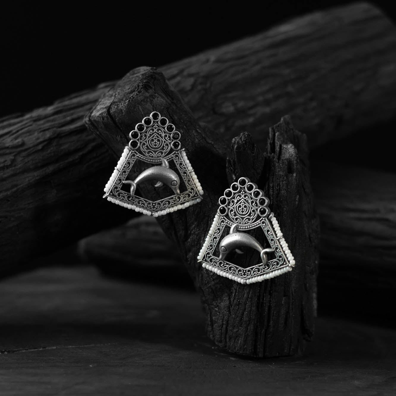Black - saanjh bela dolphin oxidised earrings - handcrafted