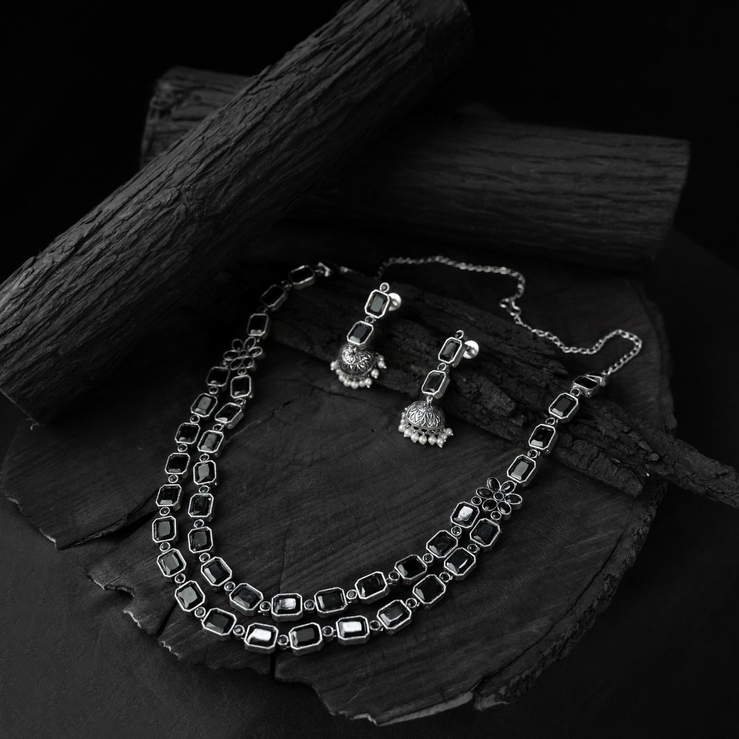 Black - saanjh bela double layered oxidised necklace set