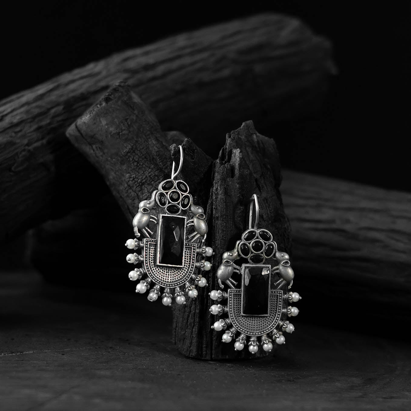 Black - saanjh bela elephant flower oxidised earrings