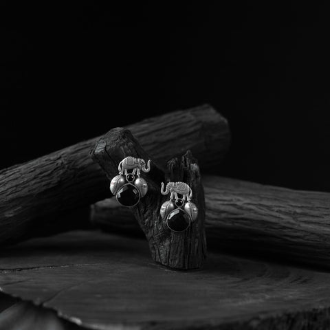 Black - saanjh bela elephant & leaves oxidised earrings