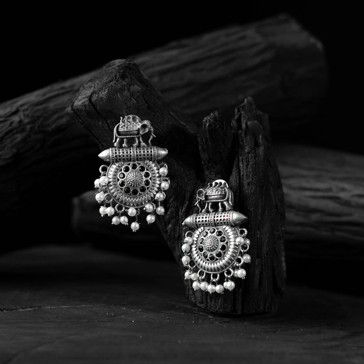 Black - saanjh bela elephant motif oxidised earrings