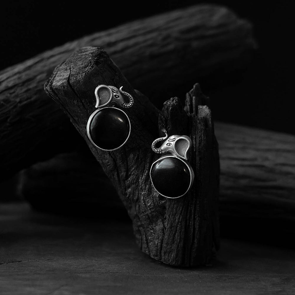 Black - saanjh bela elephant motif oxidised earrings