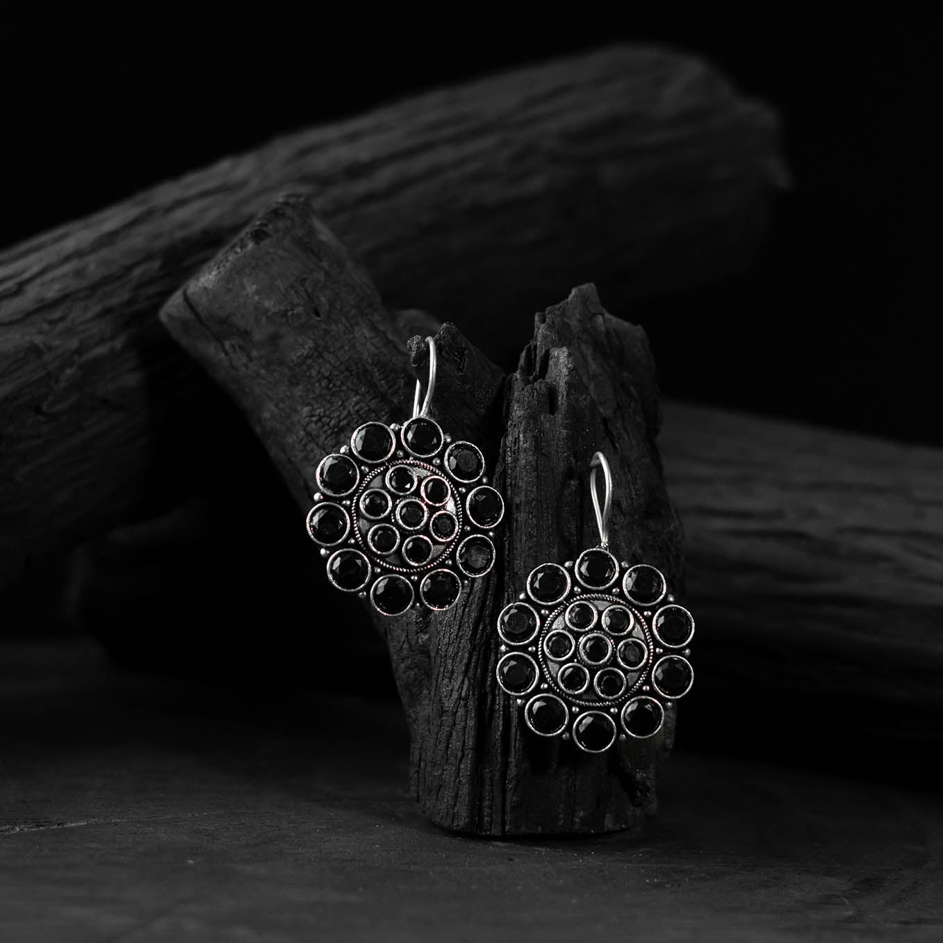 Black - saanjh bela floral oxidised drop earrings