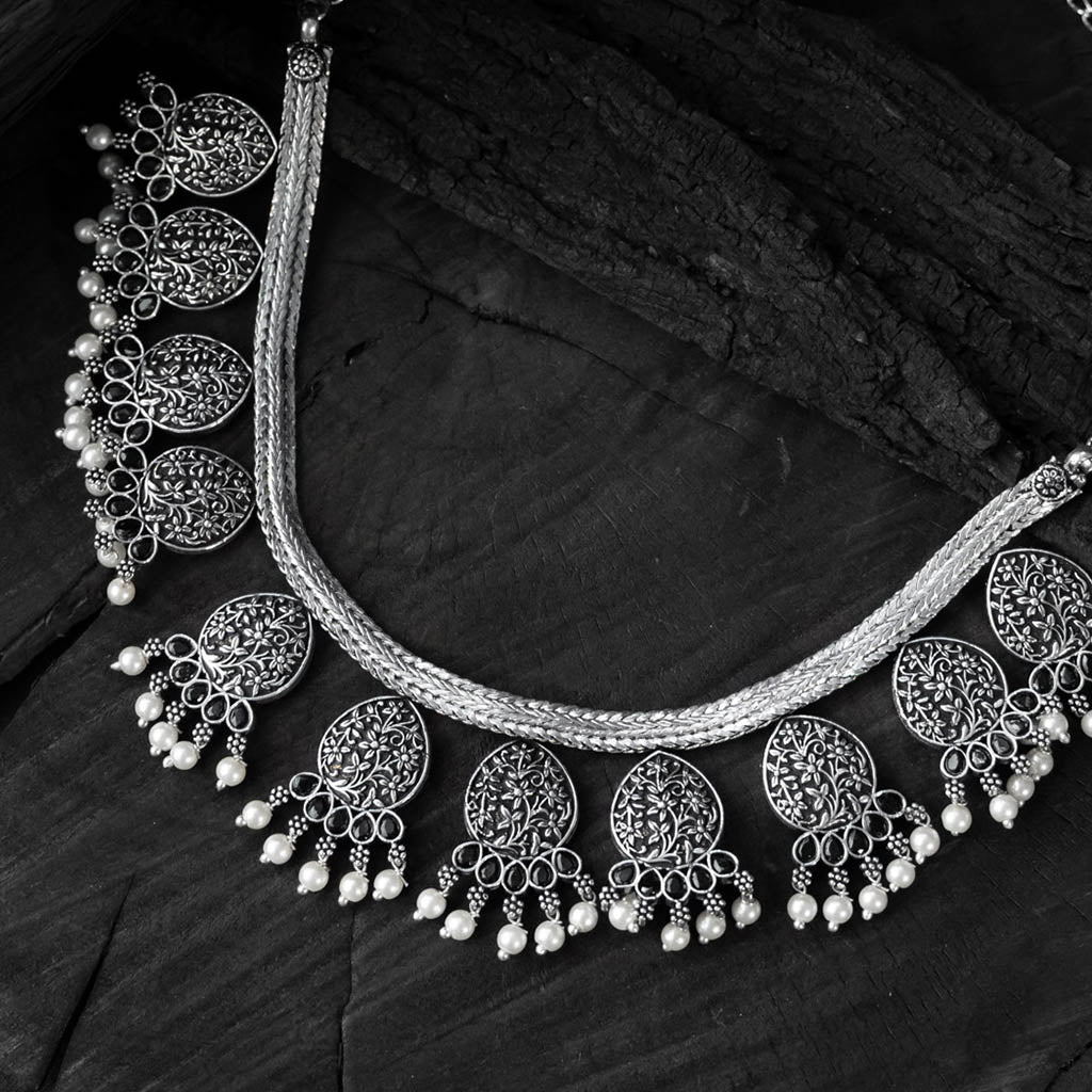 Black - saanjh bela floral oxidised necklace set