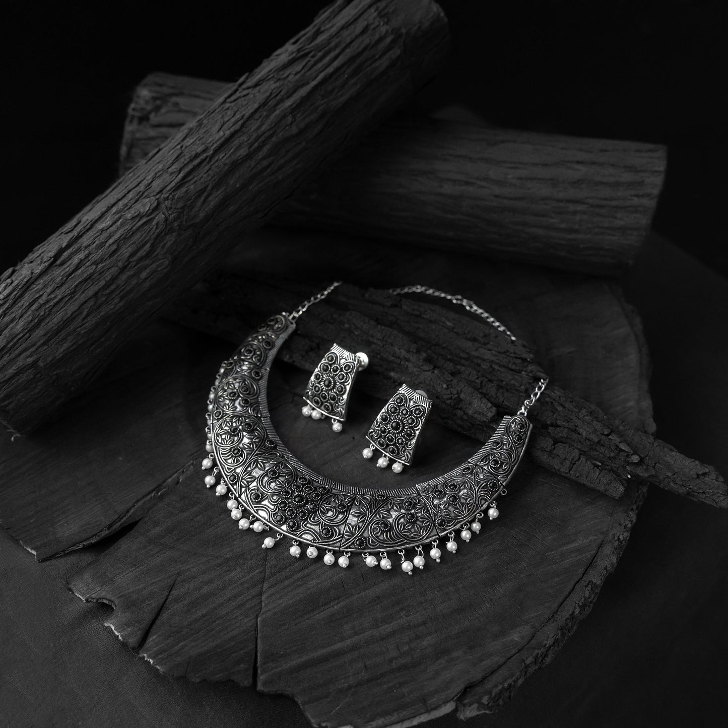 Black - saanjh bela floral oxidised necklace set