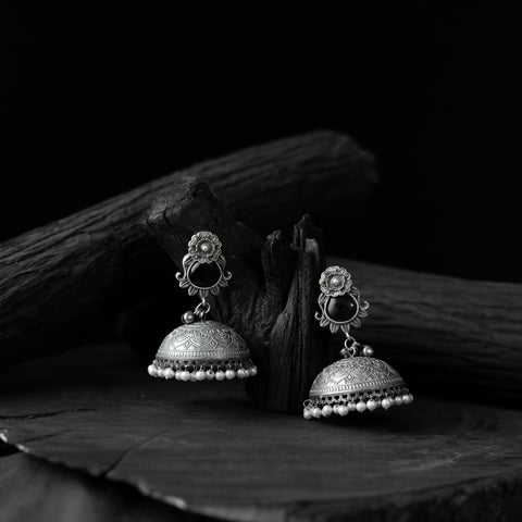 Black - saanjh bela flower & leaves oxidised jhumka