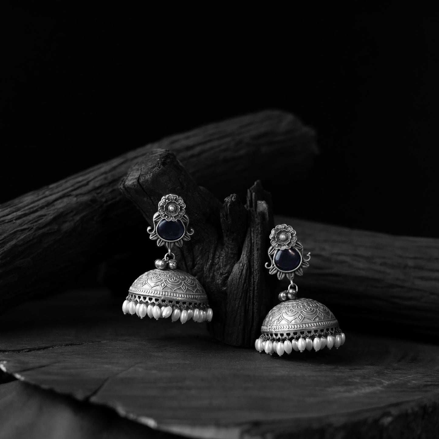 Black - saanjh bela flower & leaves oxidised jhumka