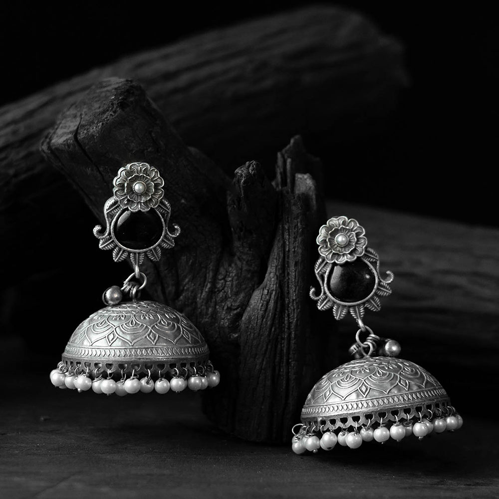Black - saanjh bela flower & leaves oxidised jhumka