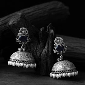 Black - saanjh bela flower & leaves oxidised jhumka