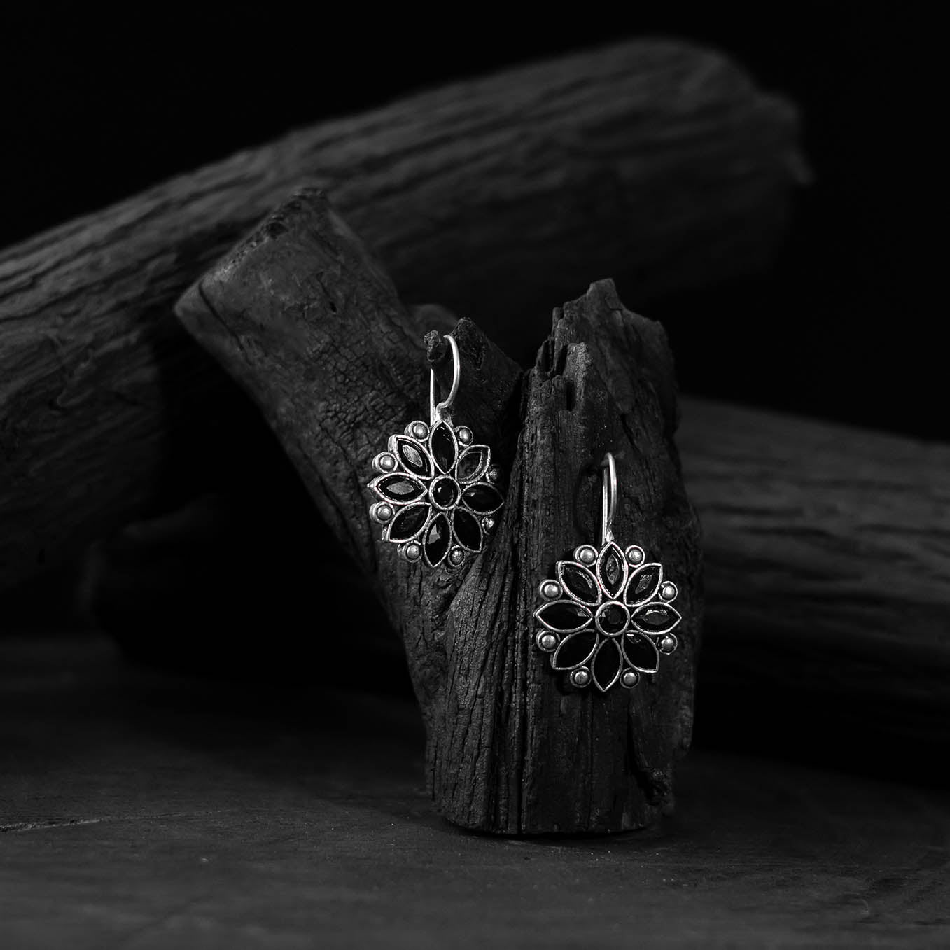Black - saanjh bela flower oxidised drop earrings