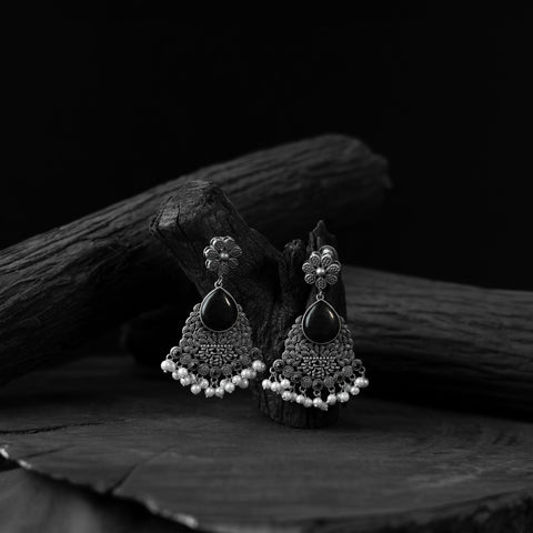 Black - saanjh bela flower oxidised earrings - handcrafted
