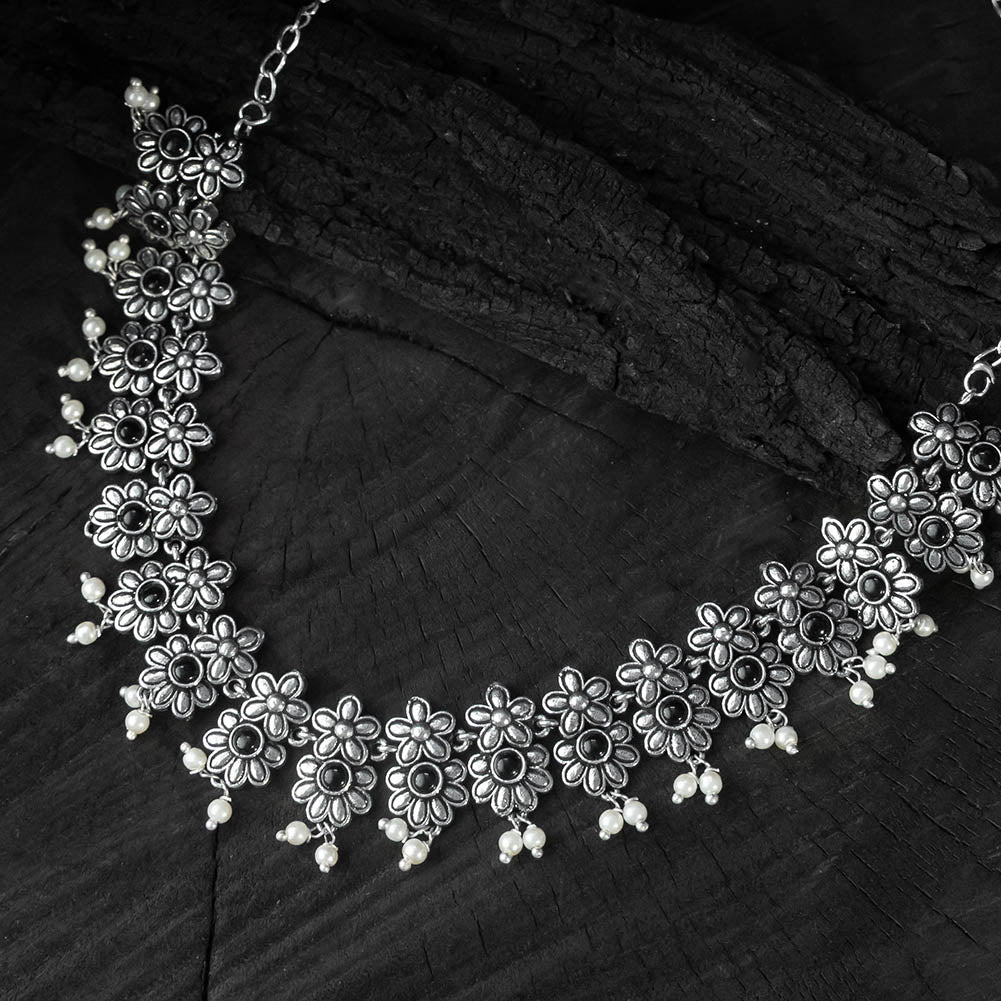 Black - saanjh bela flower oxidised necklace set