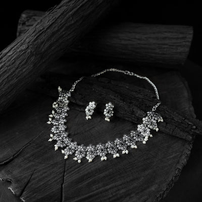 Black - saanjh bela flower oxidised necklace set