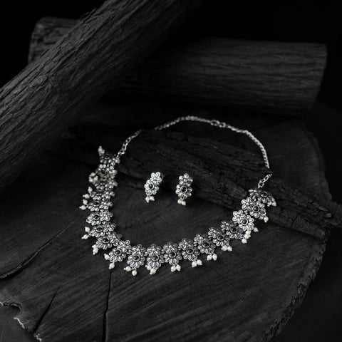 Black - saanjh bela flower oxidised necklace set